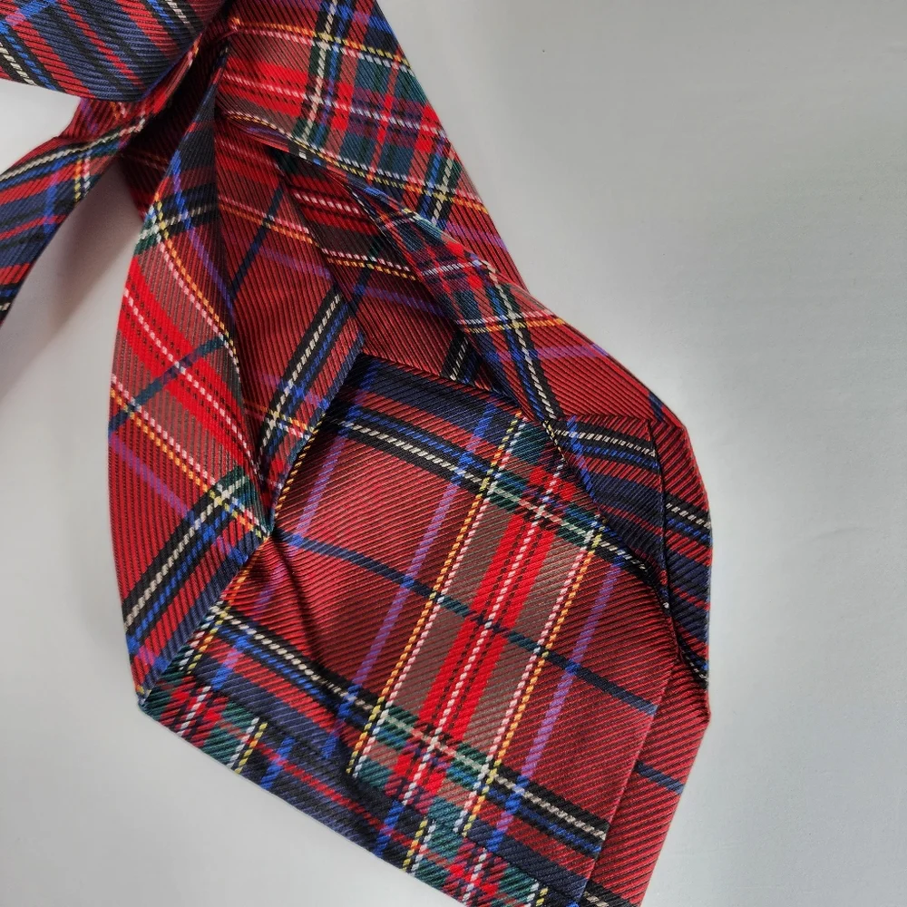 PAUL FREDRICK  Red Plaid Seven Fold Silk Tie.